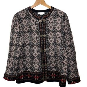 Susan Bristol Wool Nordic Fair Isle front hook Cardigan Clasp sweater. Women’s M